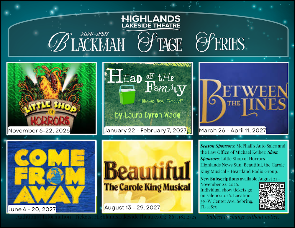 Highlands Lakeside Theatre 2026-2027 Season. Featuring shows 'Little Shop of Horrors', 'Head of the Family', 'Between the Lines', 'Come From Away', and 'Beautiful: The Carole King Musical'